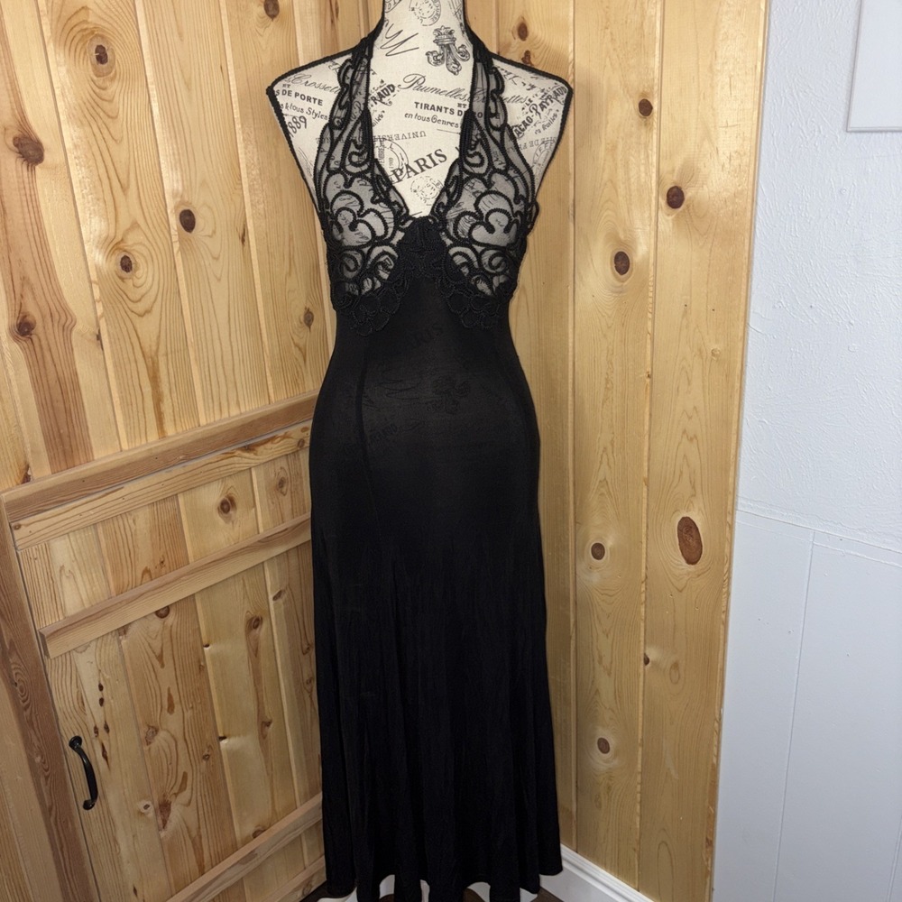 Vintage Durian Women's Fitted Little Black Dress WhimsyGoth Halter Lace Medium